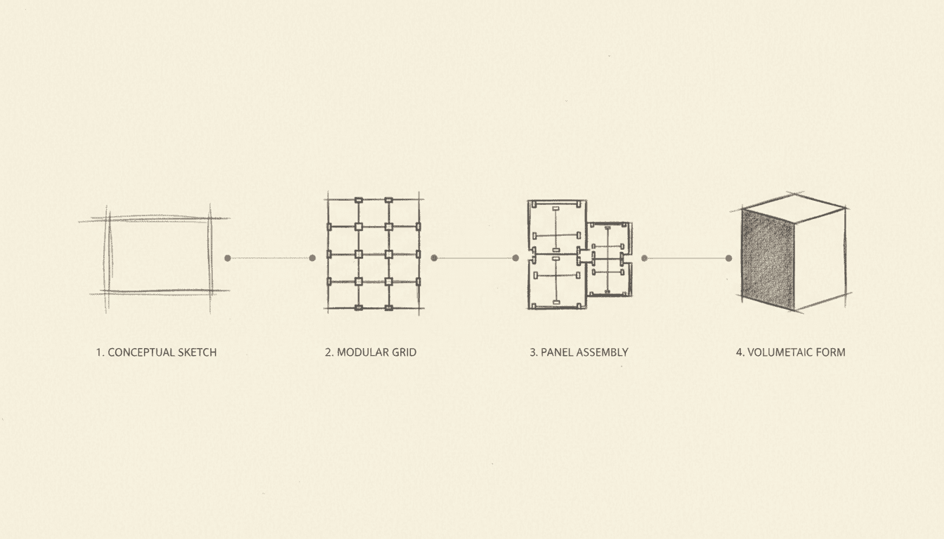 Four stages of prefab design: conceptual sketch, modular grid, panel assembly, volumetric form