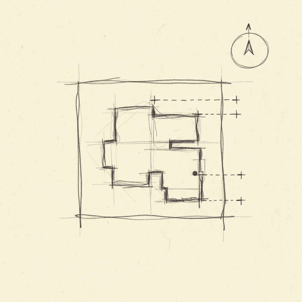 Hand-drawn site plan sketch with compass rose