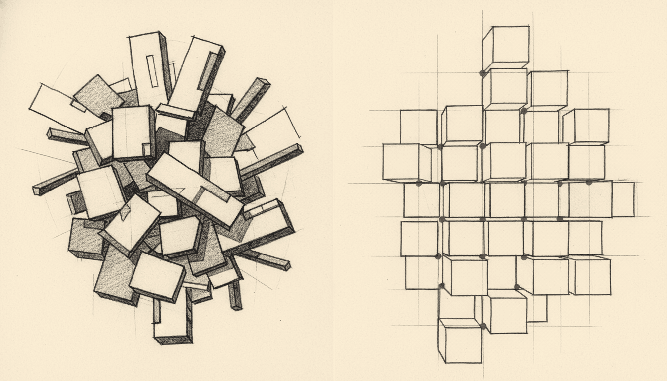 Comparison: chaotic forced-fit prefab versus orderly design-first modular approach