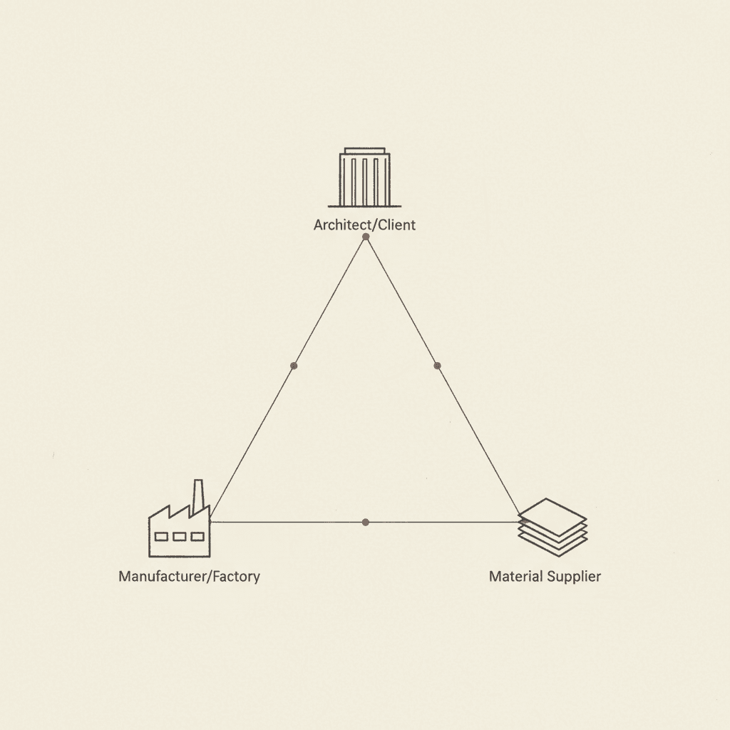 Triangle coordination diagram connecting architect, factory, and material supplier